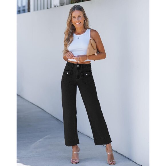 Wide Leg Jeans Women High Waisted Cropped Stretchy Denim Retro Patch Pockets - Picture 7 of 7